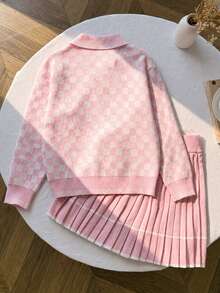 SHEIN 青少年女孩格紋落肩毛衣與純色粉色百褶裙 2件套 - 粉色 - 查看 3