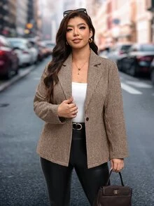 SHEIN Clasi Plus Size Fashion Elegant Button Long Sleeve Blazer Business Office - Brown - View 7