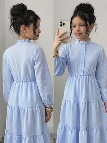 SHEIN Tween Girls Dresses Blue & White Striped Long Sleeve Autumn/Winter - Blue and White - View 1