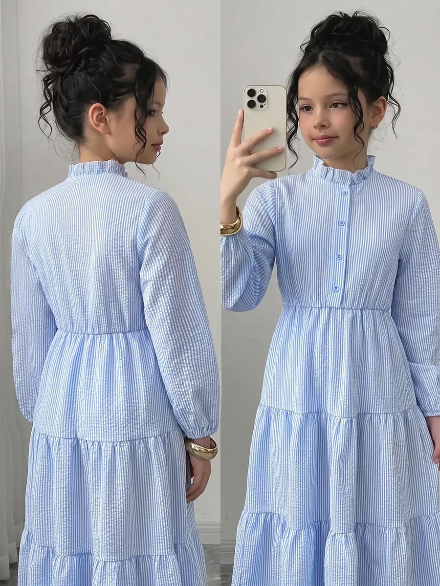 SHEIN Tween Girls Dresses Blue & White Striped Long Sleeve Autumn/Winter - Blue and White - View 1