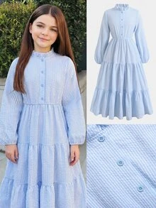 SHEIN Tween Girls Dresses Blue & White Striped Long Sleeve Autumn/Winter - Blue and White - View 4