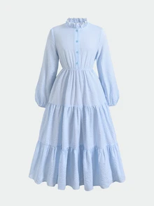 SHEIN Tween Girls Dresses Blue & White Striped Long Sleeve Autumn/Winter - Blue and White - View 7