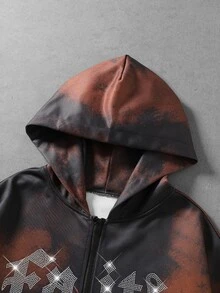 ROMWE MEN American Vintage Jesus Graphic Rhinestone Digital Print Patchwork Hooded Zip-Up Sweatshirt Unisex High Street Distressed Short Jacket New Style - Multicolor - View 4
