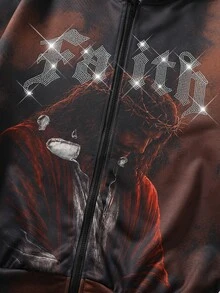 ROMWE MEN American Vintage Jesus Graphic Rhinestone Digital Print Patchwork Hooded Zip-Up Sweatshirt Unisex High Street Distressed Short Jacket New Style - Multicolor - View 2