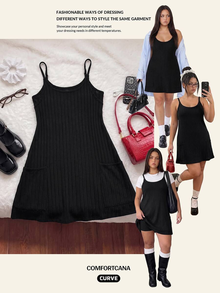 Comfortcana Plus Size Summer Casual Solid Color Spaghetti Strap Dress - Black - View 1