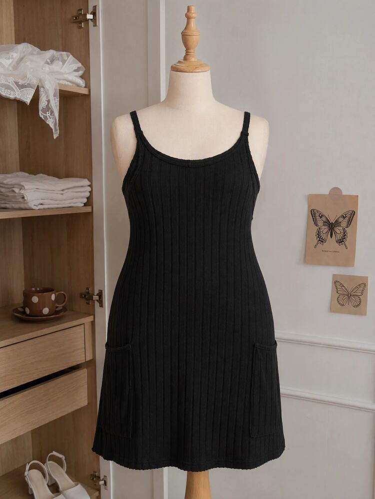 Comfortcana Plus Size Summer Casual Solid Color Spaghetti Strap Dress - Black - View 4
