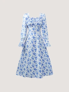 Olithes Long Boho Sweetheart Neck Multicolor A Line Dress With Puff Long Sleeves And Flared Hem In Random Print Woven Fabric - Multicolor - View 1