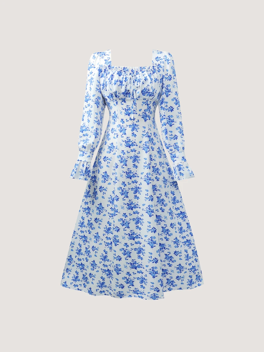Olithes Long Boho Sweetheart Neck Multicolor A Line Dress With Puff Long Sleeves And Flared Hem In Random Print Woven Fabric - Multicolor - View 1