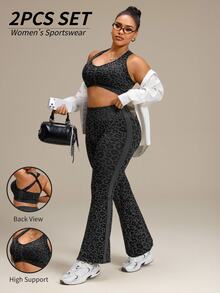 SHEIN Rhythm Era Women's Plus Size Leopard Print Tank Top And Long Pants Sports Set Gym Sports Black Summer - Black - View 1