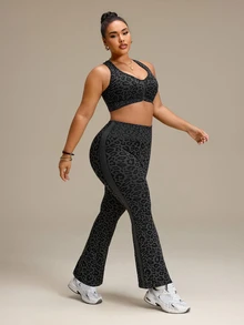 SHEIN Rhythm Era Women's Plus Size Leopard Print Tank Top And Long Pants Sports Set Gym Sports Black Summer - Black - View 5