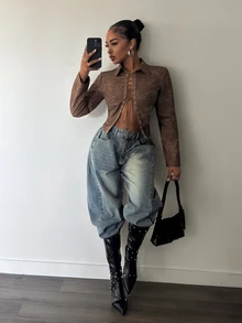 Slaydiva Brown Leather Hollow-Out Lace-Up Short Shirt Jacket, Long Sleeve Slim Fit Sexy Top, Date Daily Streetwear - A - Brown - View 4