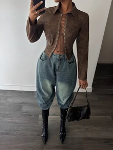 Slaydiva Brown Leather Hollow-Out Lace-Up Short Shirt Jacket, Long Sleeve Slim Fit Sexy Top, Date Daily Streetwear - A - Brown - View 6