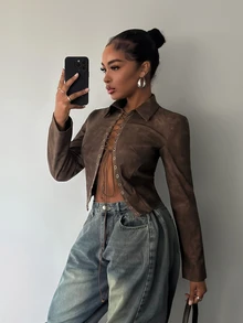 Slaydiva Brown Leather Hollow-Out Lace-Up Short Shirt Jacket, Long Sleeve Slim Fit Sexy Top, Date Daily Streetwear - A - Brown - View 5