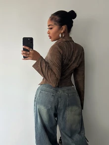 Slaydiva Brown Leather Hollow-Out Lace-Up Short Shirt Jacket, Long Sleeve Slim Fit Sexy Top, Date Daily Streetwear - A - Brown - View 3