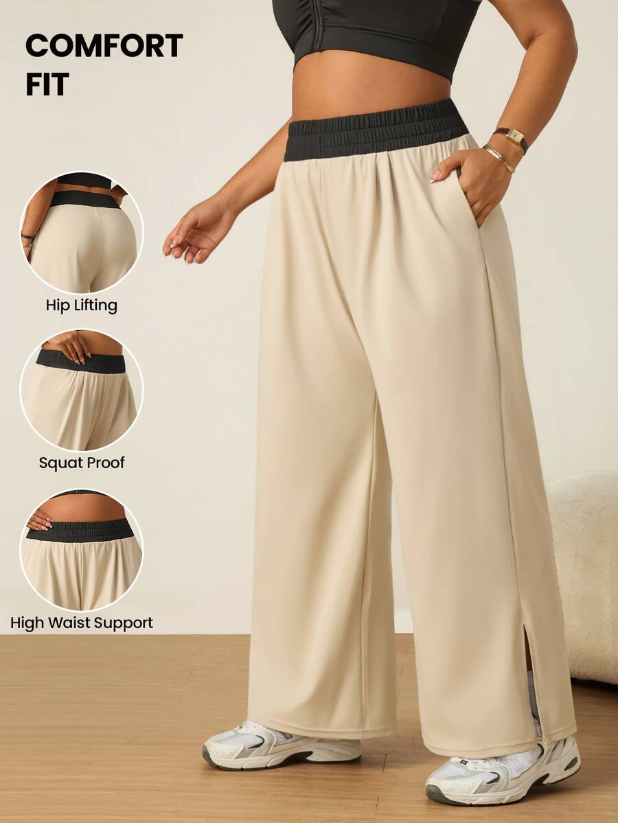 SHEIN Unity Women's Plus Size Colorblock Elastic Waist Pocket Sports Pants Gym Sports Beige Summer - Black - View 1