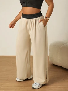 SHEIN Unity Women's Plus Size Colorblock Elastic Waist Pocket Sports Pants Gym Sports Beige Summer - Black - View 6