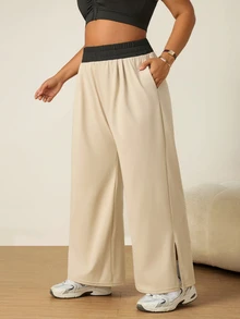 SHEIN Unity Women's Plus Size Colorblock Elastic Waist Pocket Sports Pants Gym Sports Beige Summer - Black - View 7