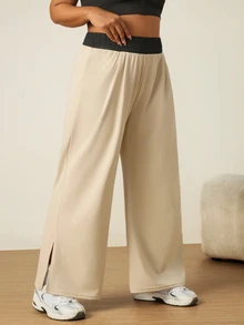 SHEIN Unity Women's Plus Size Colorblock Elastic Waist Pocket Sports Pants Gym Sports Beige Summer - Black - View 4