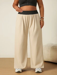 SHEIN Unity Women's Plus Size Colorblock Elastic Waist Pocket Sports Pants Gym Sports Beige Summer - Black - View 5