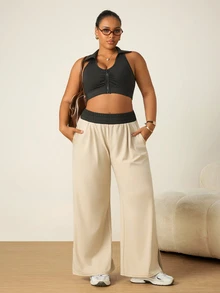 SHEIN Unity Women's Plus Size Colorblock Elastic Waist Pocket Sports Pants Gym Sports Beige Summer - Black - View 2