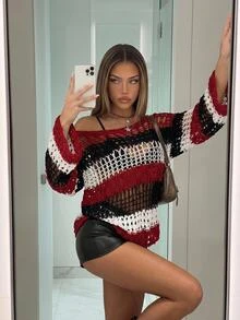 SHEIN ICON Fall Women's Halloween Black And Red Colorblock Striped Hollow Out Asymmetric Neck Sweater Vacation - Multicolor - View 3