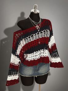 SHEIN ICON Fall Women's Halloween Black And Red Colorblock Striped Hollow Out Asymmetric Neck Sweater Vacation - Multicolor - View 12