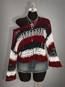 SHEIN ICON Fall Women's Halloween Black And Red Colorblock Striped Hollow Out Asymmetric Neck Sweater Vacation - Multicolor - View 8