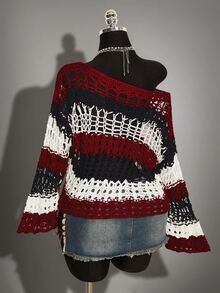 SHEIN ICON Fall Women's Halloween Black And Red Colorblock Striped Hollow Out Asymmetric Neck Sweater Vacation - Multicolor - View 15