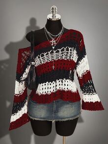 SHEIN ICON Fall Women's Halloween Black And Red Colorblock Striped Hollow Out Asymmetric Neck Sweater Vacation - Multicolor - View 1