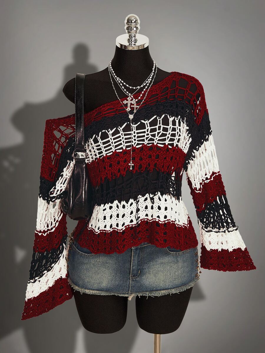 SHEIN ICON Fall Women's Halloween Black And Red Colorblock Striped Hollow Out Asymmetric Neck Sweater Vacation - Multicolor - View 1