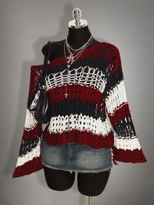 SHEIN ICON Fall Women's Halloween Black And Red Colorblock Striped Hollow Out Asymmetric Neck Sweater Vacation - Multicolor - View 9