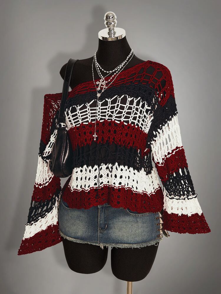 SHEIN ICON 秋季女款萬聖節黑紅拼色條紋鏤空不對稱領毛衣度假風 - 彩色 - 查看 9