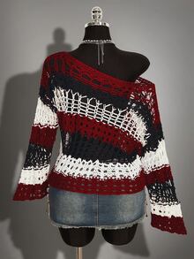 SHEIN ICON Fall Women's Halloween Black And Red Colorblock Striped Hollow Out Asymmetric Neck Sweater Vacation - Multicolor - View 2