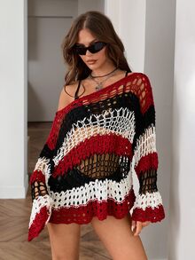 SHEIN ICON Fall Women's Halloween Black And Red Colorblock Striped Hollow Out Asymmetric Neck Sweater Vacation - Multicolor - View 6