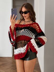 SHEIN ICON Fall Women's Halloween Black And Red Colorblock Striped Hollow Out Asymmetric Neck Sweater Vacation - Multicolor - View 7