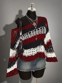 SHEIN ICON Fall Women's Halloween Black And Red Colorblock Striped Hollow Out Asymmetric Neck Sweater Vacation - Multicolor - View 11
