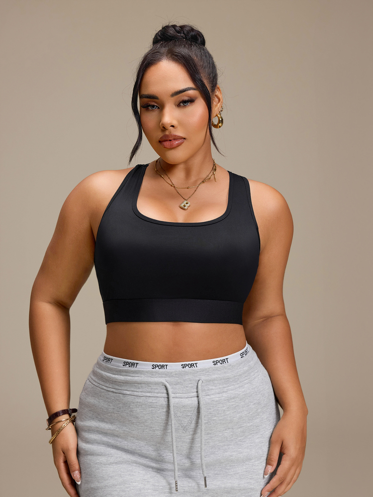 SHEIN Rhythm Era 女款大尺碼露背一件式罩杯運動內衣 健身運動黑色夏季款 - 黑色 - 查看 3