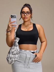 SHEIN Rhythm Era Women's Plus Size Backless One-Piece Cup Sports Bra Gym Sports Black Summer - Black - View 7