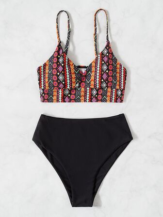 Bikini geométrico de cintura alta con gráficos para playa de verano