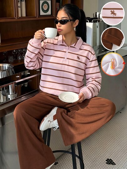SHEIN Teen Girls Long Sleeve Fall Outfits Fall 2 Pieces Tracksuit Set - Pink & Brown Striped Half-Zip Fleece Pullover Sweatshirt And Sher
