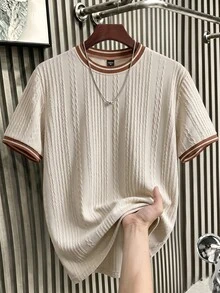 SERO LANO Men's Knitted Jacquard Solid Color Textured Collar Cuff Ribbed T-Shirt Going Out Holiday Vacation Striped Summer Casual Tropical - Apricot - View 4