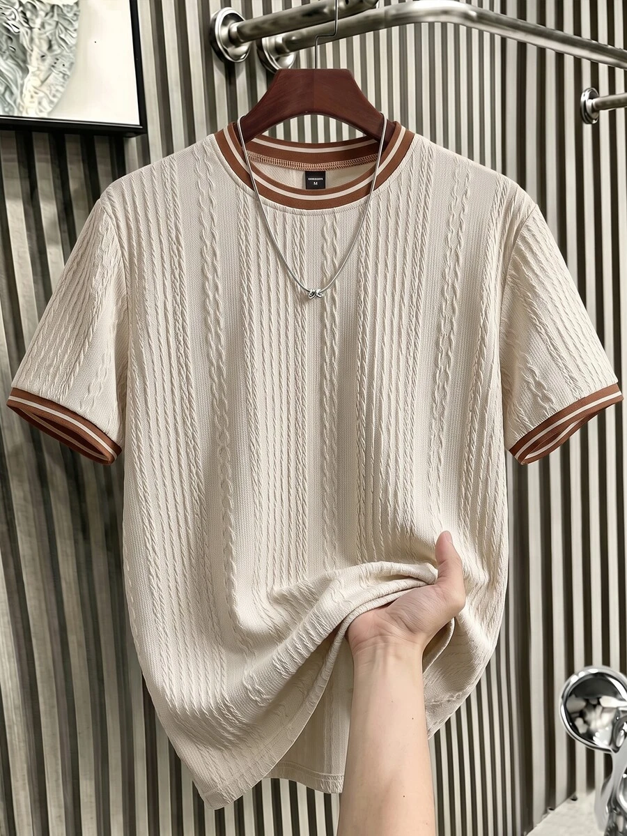SERO LANO Men's Knitted Jacquard Solid Color Textured Collar Cuff Ribbed T-Shirt Going Out Holiday Vacation Striped Summer Casual Tropical - Apricot - View 1