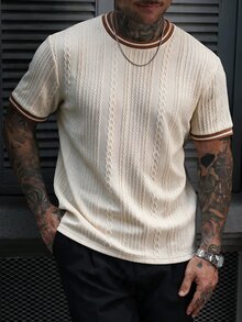 SERO LANO Men's Knitted Jacquard Solid Color Textured Collar Cuff Ribbed T-Shirt Going Out Holiday Vacation Striped Summer Casual Tropical - Apricot - View 1