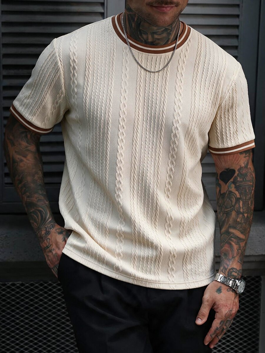 SERO LANO Men's Knitted Jacquard Solid Color Textured Collar Cuff Ribbed T-Shirt Going Out Holiday Vacation Striped Summer Casual Tropical - Apricot - View 1