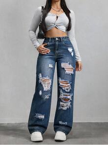 SHEIN ICON 大尺碼女款夏季前衛街頭風破洞直筒牛仔褲 - 深色水洗藍 - 查看 4