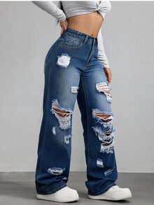 SHEIN ICON 大尺碼女款夏季前衛街頭風破洞直筒牛仔褲 - 深色水洗藍 - 查看 3