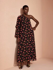 JIAN LASALA Gaun Panjang Chiffon Satu Bahu Lengan Ganda Berlapis untuk Liburan Kasual dan Elegan - MultiWarna - View 6