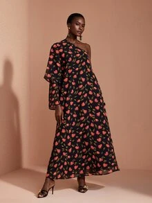JIAN LASALA Gaun Panjang Chiffon Satu Bahu Lengan Ganda Berlapis untuk Liburan Kasual dan Elegan - MultiWarna - View 3