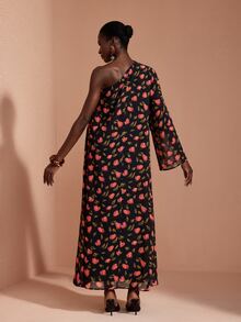 JIAN LASALA Gaun Panjang Chiffon Satu Bahu Lengan Ganda Berlapis untuk Liburan Kasual dan Elegan - MultiWarna - View 2