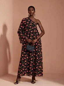 JIAN LASALA Gaun Panjang Chiffon Satu Bahu Lengan Ganda Berlapis untuk Liburan Kasual dan Elegan - MultiWarna - View 1